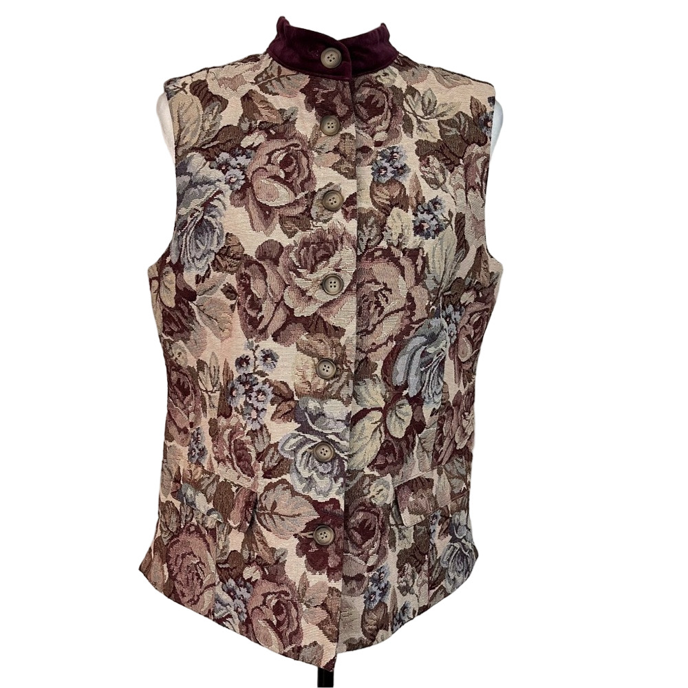 Vintage Tabi International Women’s Floral Jacquard Velvet Neckline Vest Medium